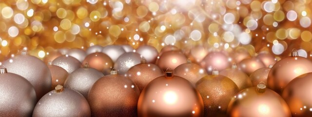 Cluster of golden Christmas baubles against a glittery golden backdrop.