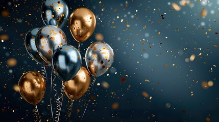 Sliver and gold balloons with confetti on dark blue background