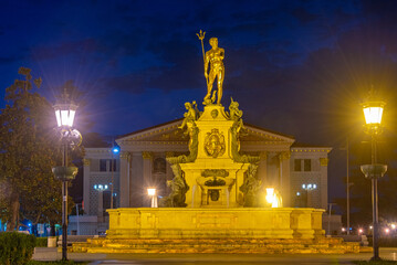Neptune fountain in front of Batumi theater viewed during sunrise  in Georgia