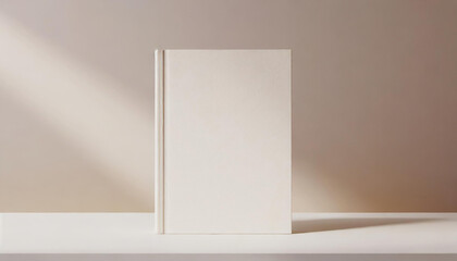 Hardcover book mockup front view with blank hard cover standing on beige table. background with empty space for text. Generative AI.