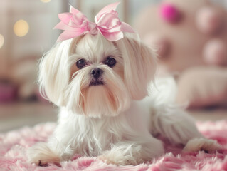 Cute shih tzu with pink ribbon on head sitting on the carpet