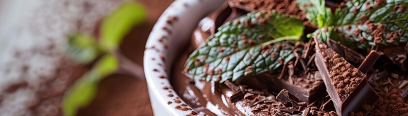 A close-up of a chocolate mint leaf garnish on a decadent dessert - obrazy, fototapety, plakaty