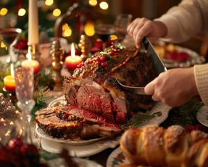 Fotobehang A festive holiday scene with a beef rib roast being carved at the dining table © AI Farm