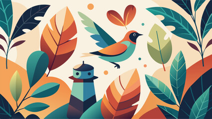 A collagestyle illustration featuring a collage of colorful feathers and leaves alluding to the various species of birds that can be observed