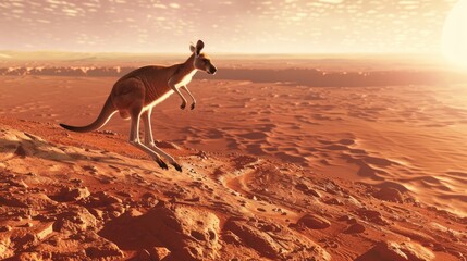 A kangaroo hopping effortlessly in Mars lower gravity with the red planets horizon stretching out behind it - obrazy, fototapety, plakaty