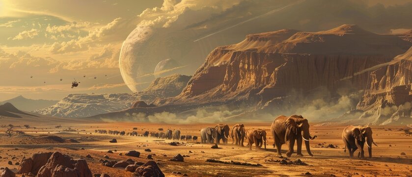 A herd of elephants lumbering across a vast Mars-like plain