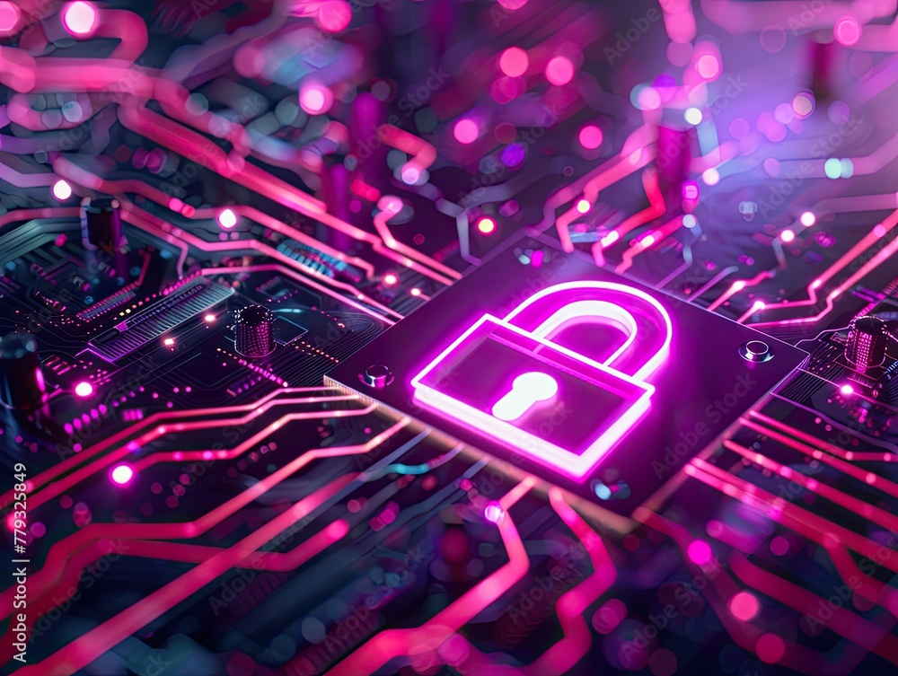 Poster cybersecurity concept with a neon lock symbol on a digital background emphasizing protection and enc