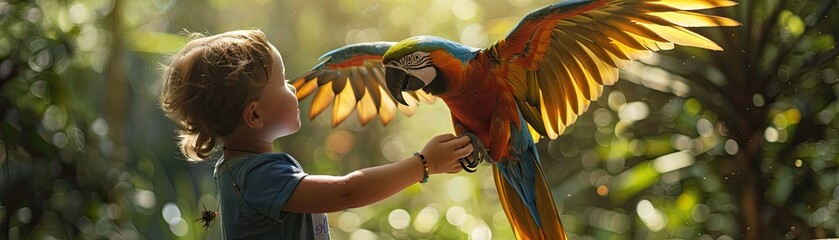 A young child in awe as a colorful parrot lands on their outstretched hand in a tropical aviary - obrazy, fototapety, plakaty