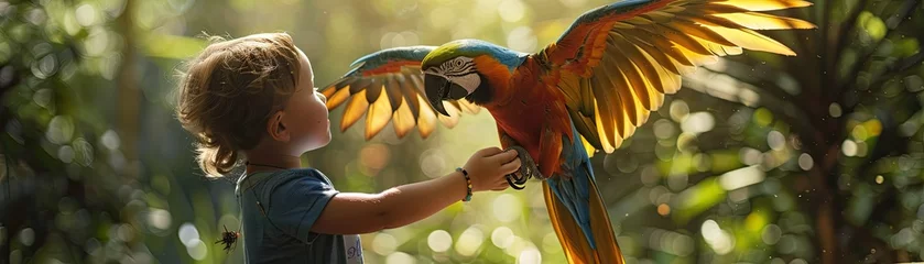 Fotobehang A young child in awe as a colorful parrot lands on their outstretched hand in a tropical aviary © AI Farm