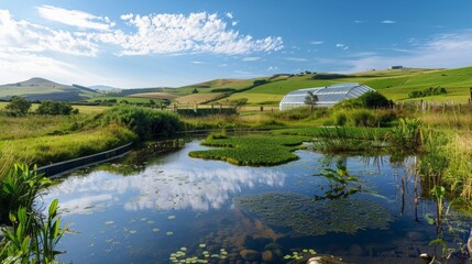 An idyllic scene of a sunny green landscape with large rolling hills in the background. In the foreground a small pond filled with microalgae can be seen with a modern hightech greenhouse .