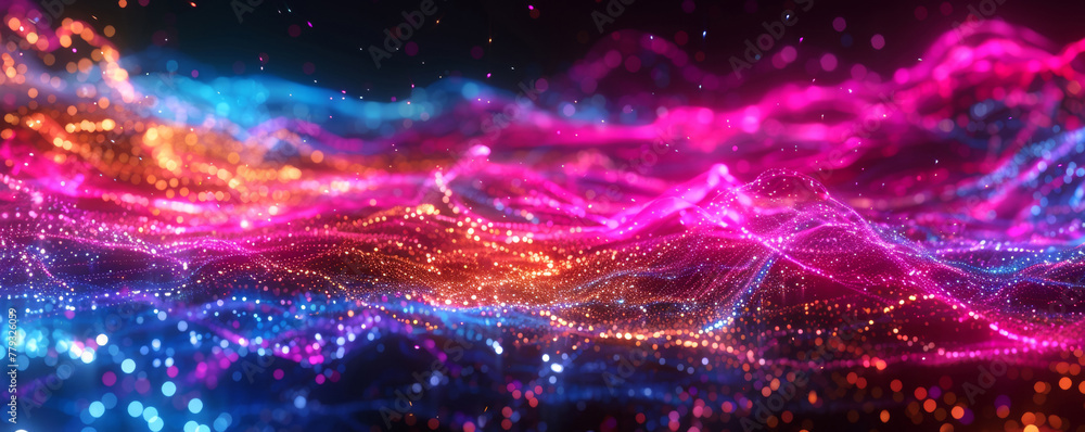Poster Abstract multicolored digital particles. Futuristic background with bokeh defocused lights 3d style