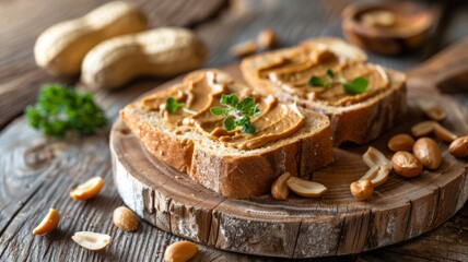 Peanut butter on toast with wooden background - Delicious toasts with peanut butter and parsley on top, placed on a rustic wooden board, surrounded by peanuts and whole peanuts - obrazy, fototapety, plakaty