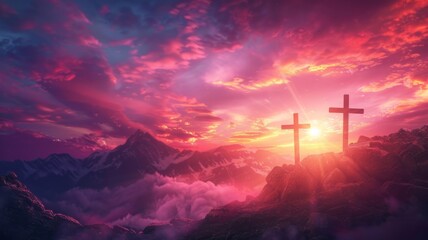 Majestic Mountain Crosses at Twilight - Inspirational scene with crosses on a mountain ridge against a glowing pink twilight sky