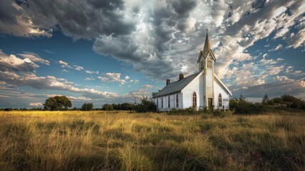 White church under dramatic cloud-filled sky - Majestic clouds loom above a solitary white church in a vast, untamed grassland, capturing nature's drama