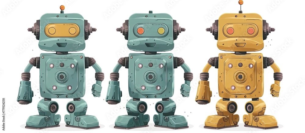 Poster three mechanical robots are lined up on a blank canvas. they stand in a row, displaying intricate en