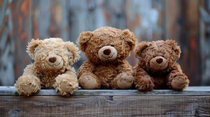 Three teddy bears sitting on a fence - Three adorable teddy bears sitting on a wooden fence showcasing friendship and nostalgia