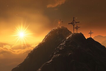 Crosses on a mountain peak during sunset - Three crosses on a rugged mountain peak, backlit by a radiant sunset, evoke a sense of awe and the sacred