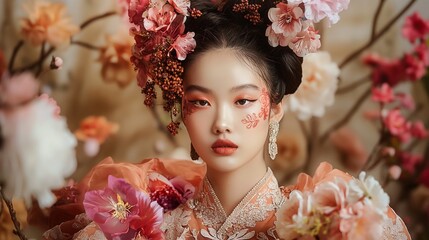 Captivating Chinese model gracing the runway in a gown adorned with cascading blossoms, her hair delicately styled with floral accents, radiating a sense of floral elegance.