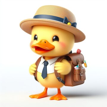 Cute character 3D image of A duckling is wearing a hat and carrying a backpack on the way to school, funny, smile, happy white background
