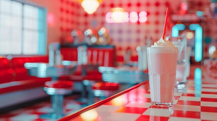 Vintage Diner Vibes, retro-style diner scene with a red and white checkered background reminiscent of classic diners