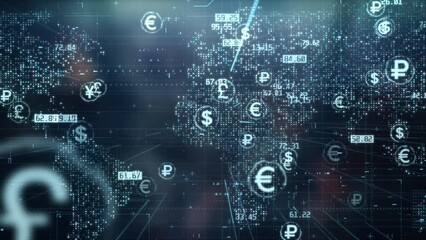 Global currencies exchange on abstract digital world map background. Stock market investment and trading concept. Transfer money technology and CBDC payments worldwide. Online banking account - Powered by Adobe