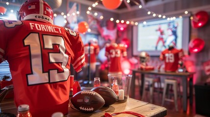 Sports Fan Zone, red and white background featuring sports team logos, jerseys and memorabilia