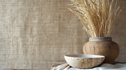 The combination of grasscloth and jute wallpaper brings together two distinct textures in perfect harmony. The grasscloth adds a touch of elegance while the jute brings a rustic and . - obrazy, fototapety, plakaty