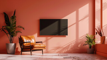 Mockup of a wall-mounted TV paired with a leather armchair against a pastel-toned peach fuzz-colored wall