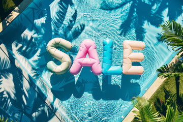 Overhead view of a swimming pool with the word sale spelled from inflatable pool floats - obrazy, fototapety, plakaty