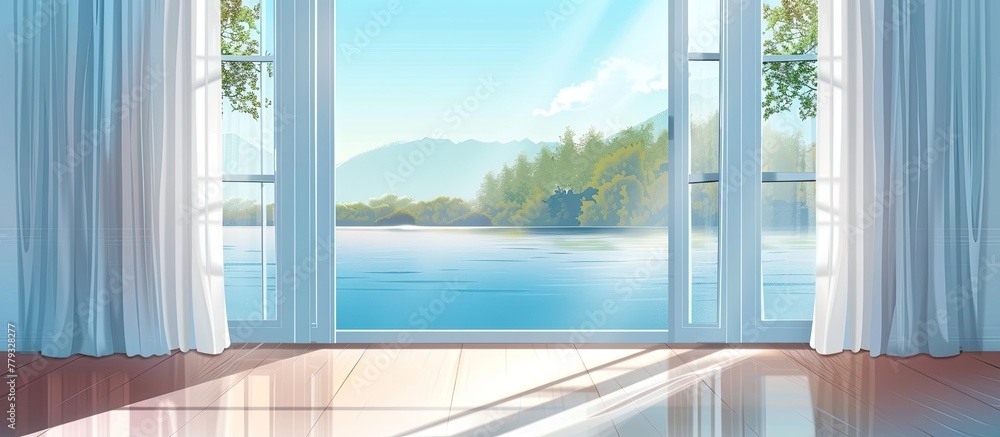 Poster the condominium building has a large window with a view of the azure lake, surrounded by lush greene
