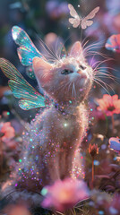 a little cat in crystals posing with glittery dragonfly wings in front of colorful flowers, pearlescent color,  - obrazy, fototapety, plakaty