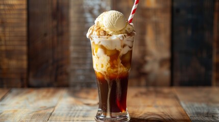 A vintage-style photograph of a root beer float