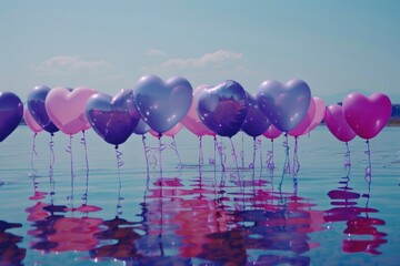 Row of Heart-Shaped Balloons Floating on Water