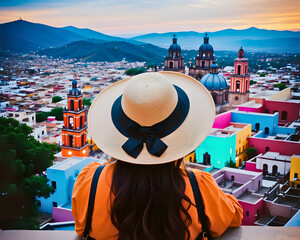 Mexican Woman Tourist at Scenic Overlook of Mexican Magical Town