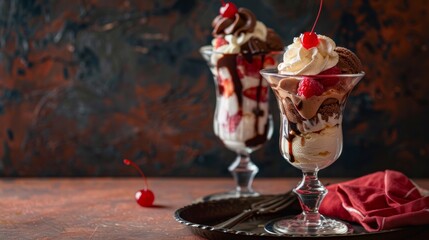 A vintage-style photograph of a classic American ice cream sundae. Scoops of vanilla and chocolate ice cream are layered in a tall glass goblet, topped with whipped cream, a maraschino cherry - obrazy, fototapety, plakaty