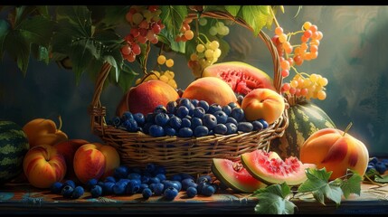 A vibrant still life showcasing a basket overflowing with fresh summer fruit. Plump blueberries, juicy peaches, and glistening watermelon slices are arranged artfully