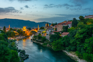 Sunset view of the old Mostar bridge in Bosnia and Herzegovina