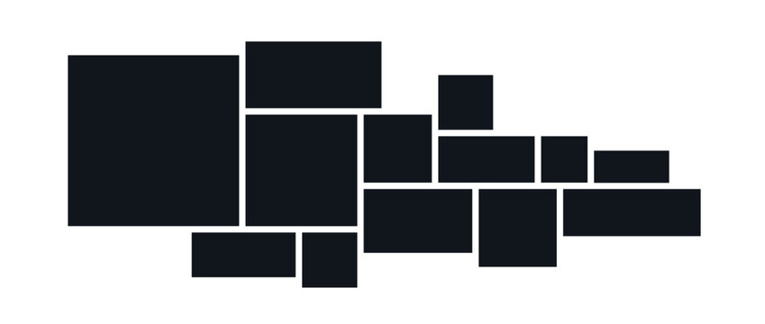 Mood board or photo collage template. Black mosaic art grid arrangement. Picture frame horizontal composition. Wall gallery layout design concept for presentation, poster, mockup, banner. Vector