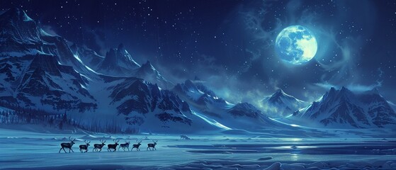 Polar night, reindeer migration, cold moonlight