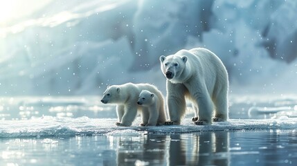 Polar bear family on ice drift, chilly Arctic panorama - obrazy, fototapety, plakaty