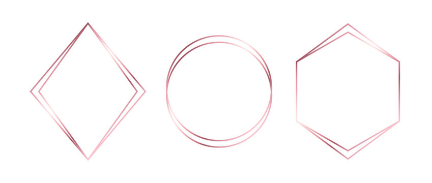 Rose gold thin frames set. Pink gold geometric borders in art deco style. Thin linear diamond, circle, hexagon collection. Foil glowing shiny boarder element pack. Vector photo, cadre, decor bundle