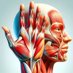 Close-up illustration of human anatomy showing the muscles in the face and palm.