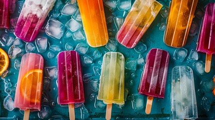 A vibrant overhead shot of a colorful summer popsicle party - obrazy, fototapety, plakaty