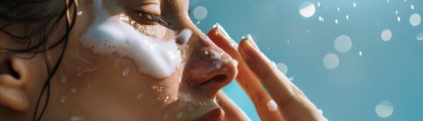 Fototapeta premium Sunscreen being applied to skin, captured in a moment with water droplets in the background low noise