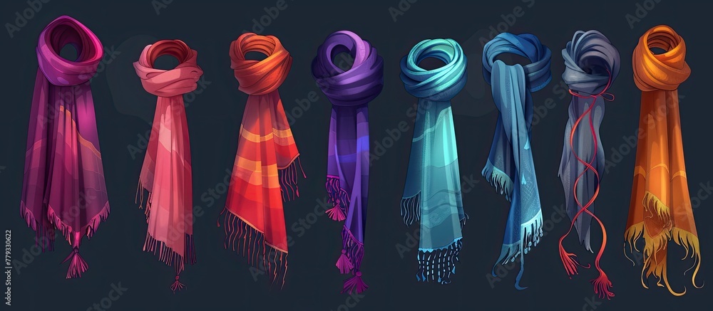 Aufkleber a row of colorful scarves are lined up in a row on a dark background . high quality