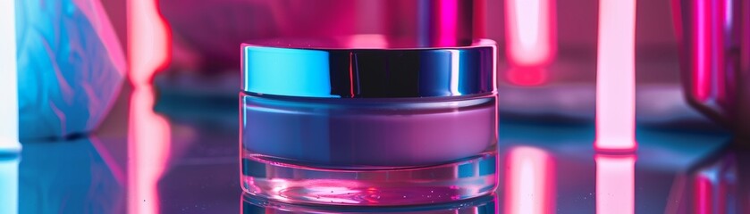 Neonlit scene with facial cream jar, reflecting a vibrant, energetic skincare routine no dust