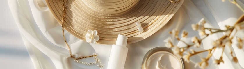 Luxury sunscreen cream set amidst elegant accessories, like fine jewelry and soft fabrics no splash - obrazy, fototapety, plakaty