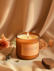 candle, in the style neutral color scheme, minimalist sets, pastoral charm, vintage academia, smooth and shiny, streamlined design