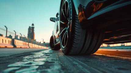 low angle view of modern car's tire on road