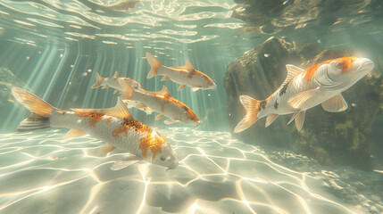orange and white spotted koi fish swimming in clear water with rays of light, calming and peaceful background. - obrazy, fototapety, plakaty